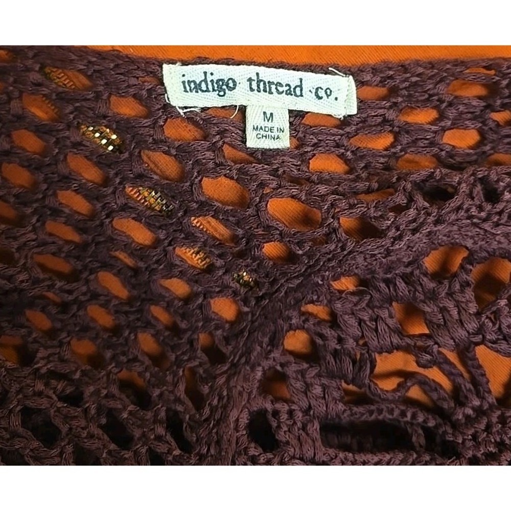 Indigo Thread Co ~ Maroon Crochet Long Sleeveless Cardigan Boho Cottagecore M - Picture 7 of 10